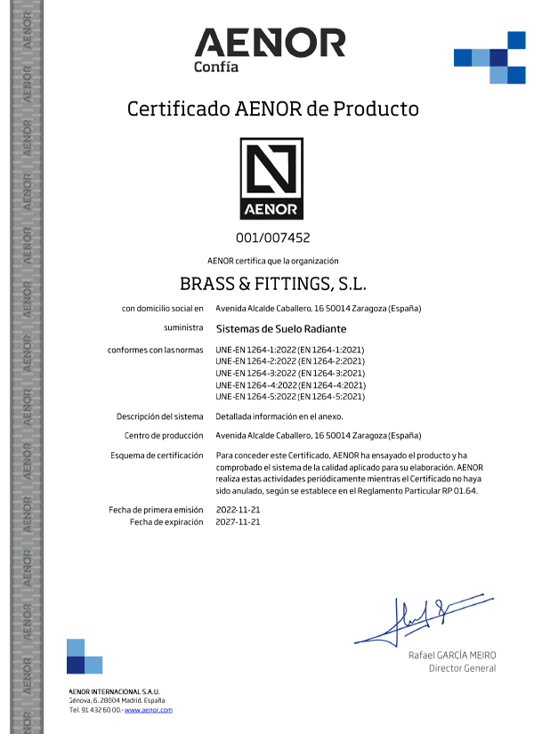 Certificado sistema suelo radiante con placa TF45 con tubo multicapa PERT AL PERT 1